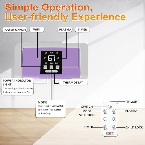 Miniatura 2 de HEATIT Calentador de espacio con control remoto para interior, pantalla digital con termostato, que contiene plasma y ozono, temporizador de 1 a 12