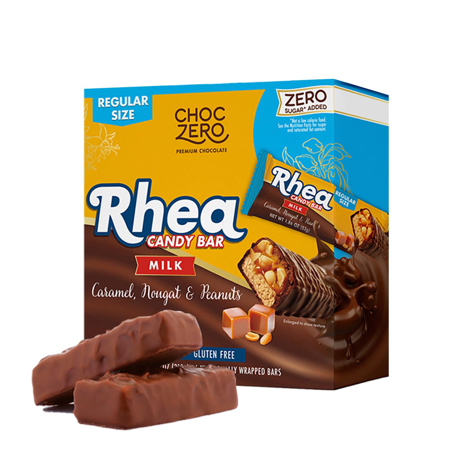 ChocZero Milk Chocolate Caramel Peanut & Nougat Candy Bars, No Added Sugar, High Fiber, Gluten Free, Keto Friendly Full-Size Rhea Bars (1.86 Ounce Each, 6 Count Box)