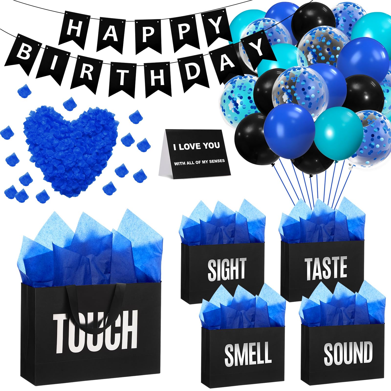 Soulchen 5 Senses Gift Bags for Him Her with Labels, Five Senses Gift Birthday Party Decoration Tissue Paper Handles, Comes with Rose Petals Banner Balloons for Party(Birthday,Blue Black)