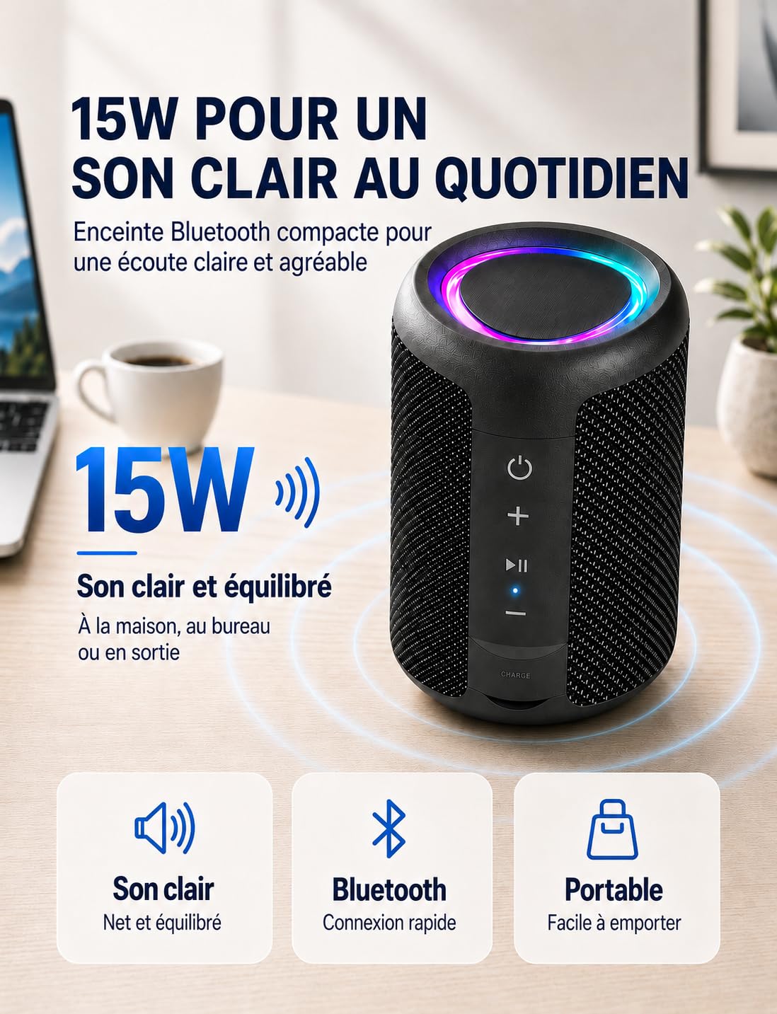 Enceinte Bluetooth Portable 15W Bluetooth 5.3 15H Autonomie Mini Haut-Parleur sans Fil TWS IPX5 Étanche