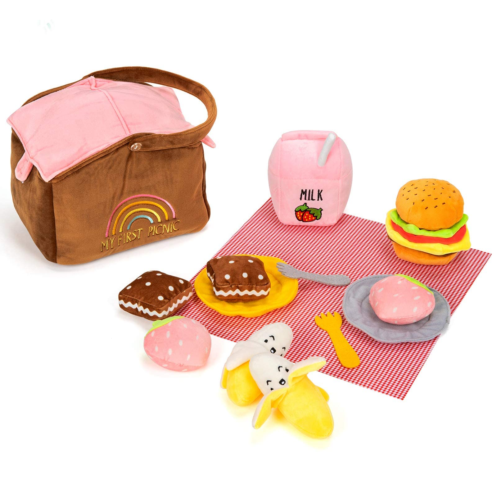 TCBunny 14 Piece Set of Plush Soft Stuffed Picnic Food Playset, Imaginative Play, Picnic Toy with Sounds, Toddler for Ages 3+