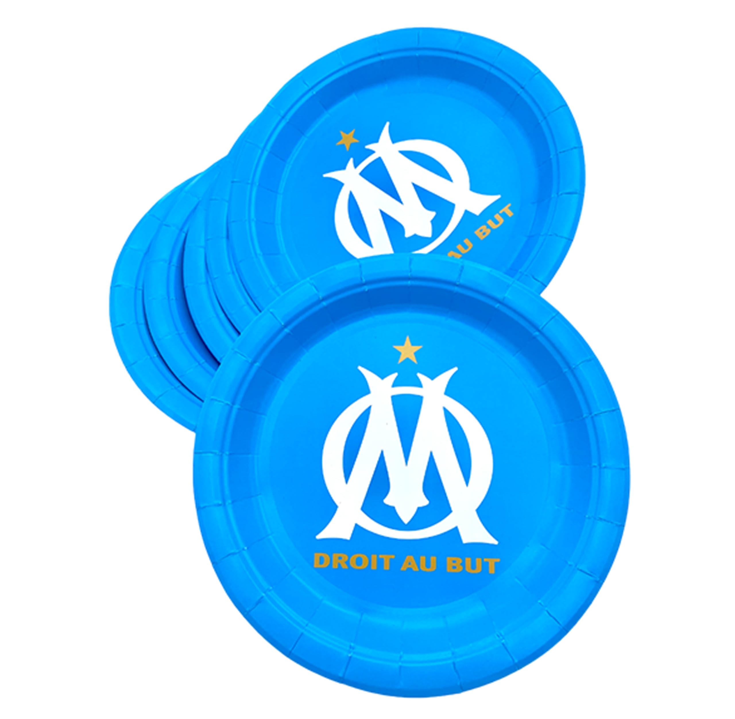 OLYMPIQUE DE MARSEILLE Pack 100 pièces Om : 1 Nappe 12 x Gobelet 12 x Assiette 40 x Serviette 11 x Ballon baudruche 12 x Chapeau 12 x sifflet - Collection Officielle