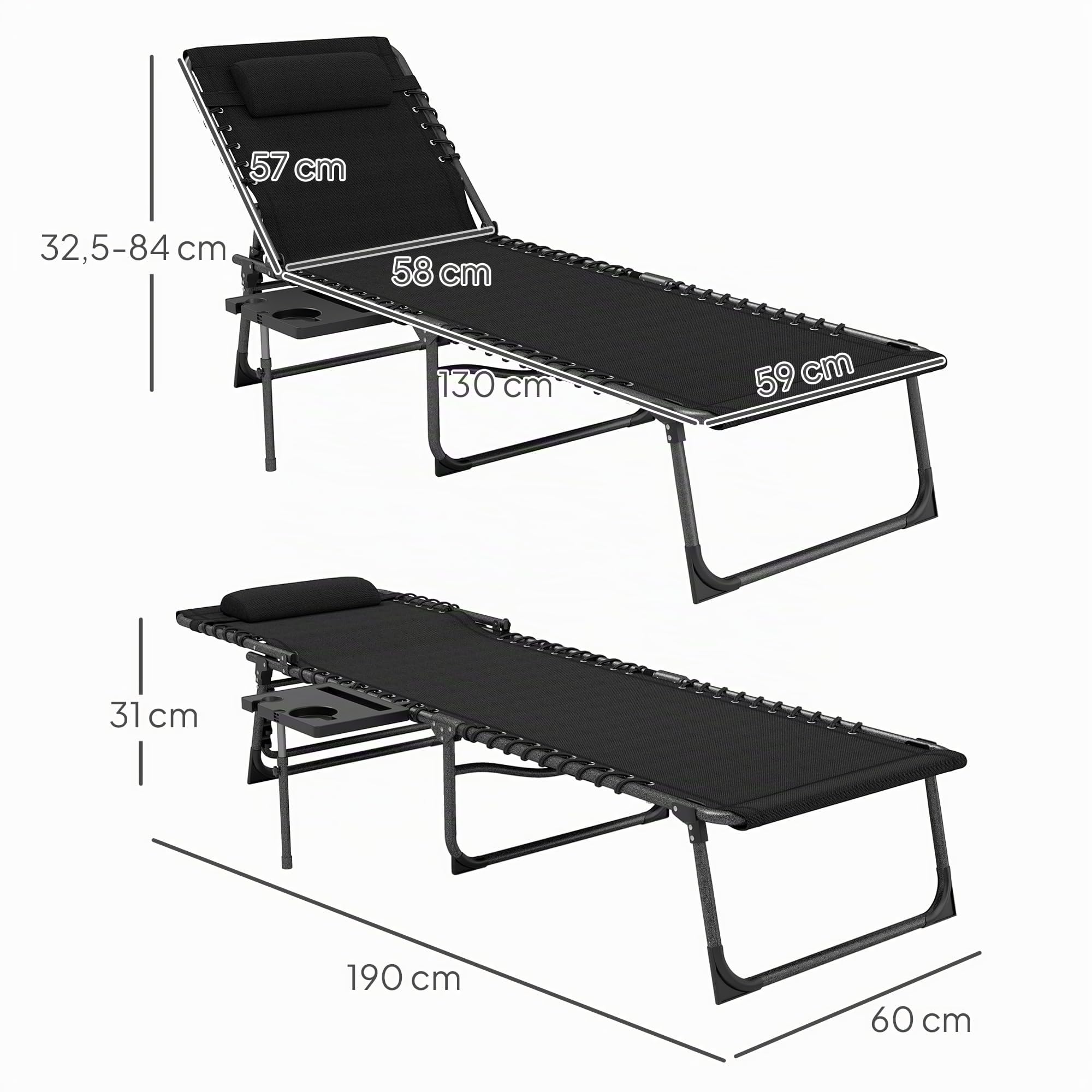 Outsunny Bain de Soleil Chaise Longue Pliante Plateau 60x190x31cm Noir | Appuie-Tête, Poche Latérale, Transat Inclinable, Oxford 600D, Transat Jardin Extérieur, Camping Piscine Terrasse