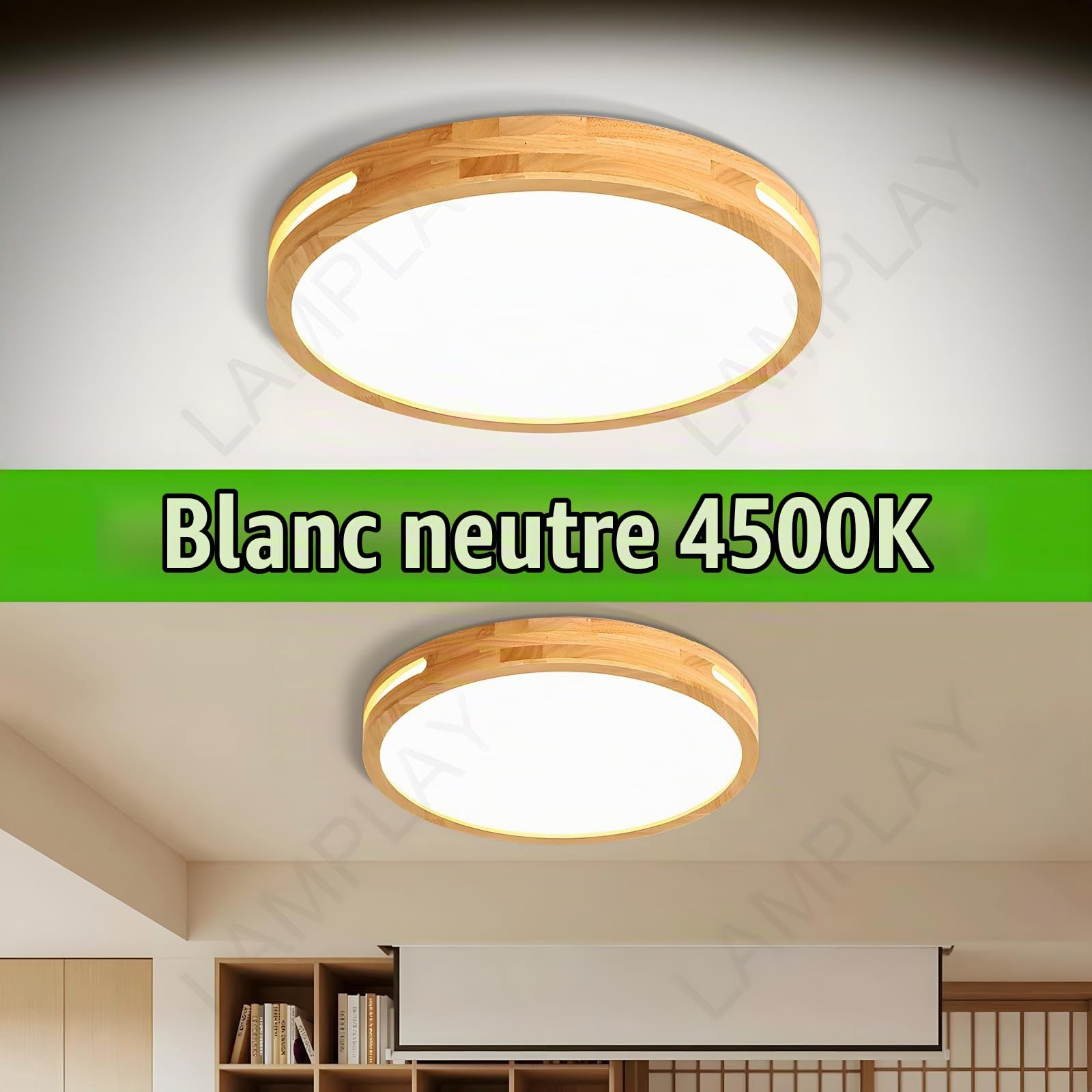 Plafonnier Rond En Bois, Ø30cm, LED À Lumière Neutre, Bois Naturel Original 4500K, 18W, Design Creux Latéral, Idéal Pour Une Chambre Un Salon Un Bureau Une Chambre D'Enfant Une Cuisine