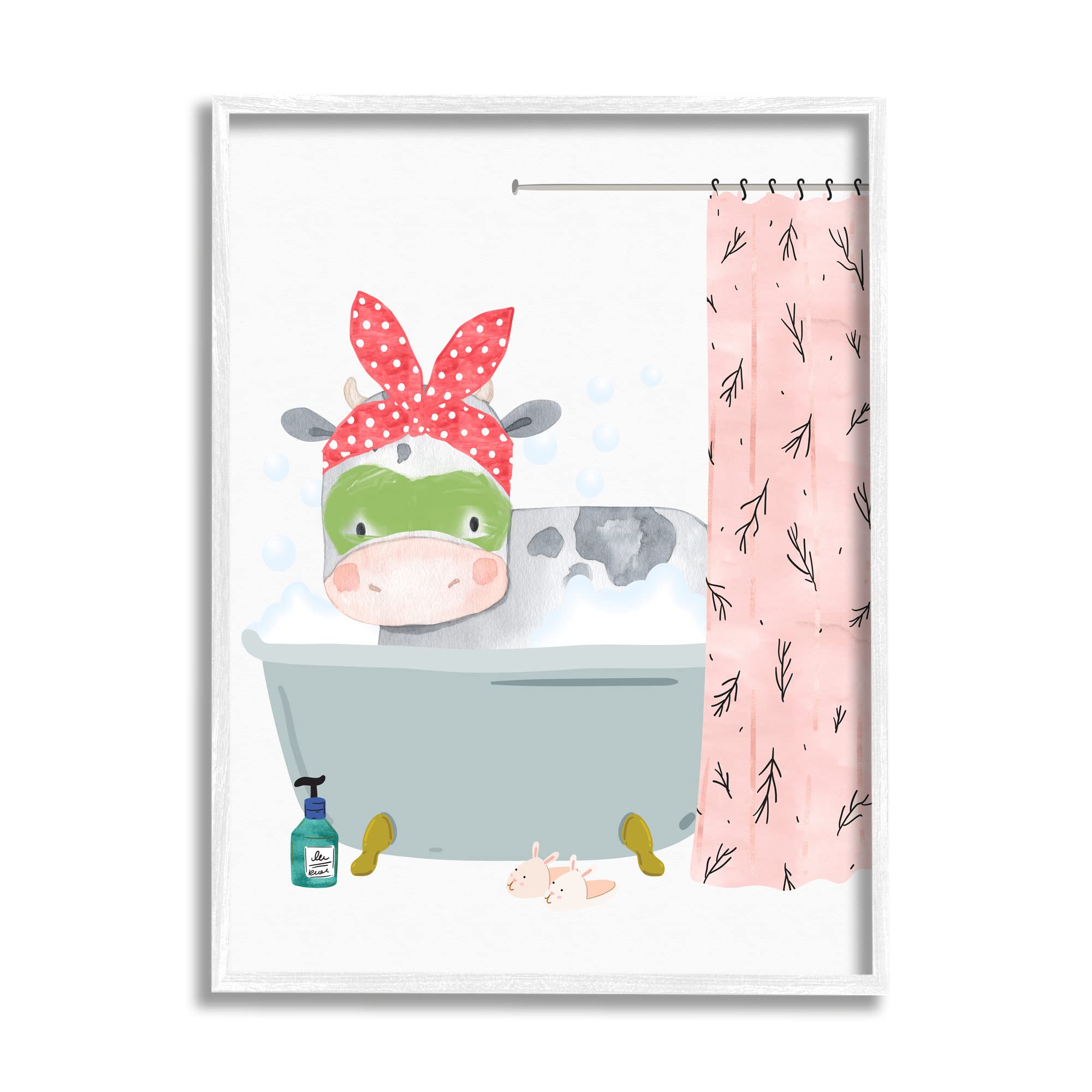Stupell Industries Children's Farm Cow Bath Tub Bunny Slippers Bathroom White Wall Art, Framed