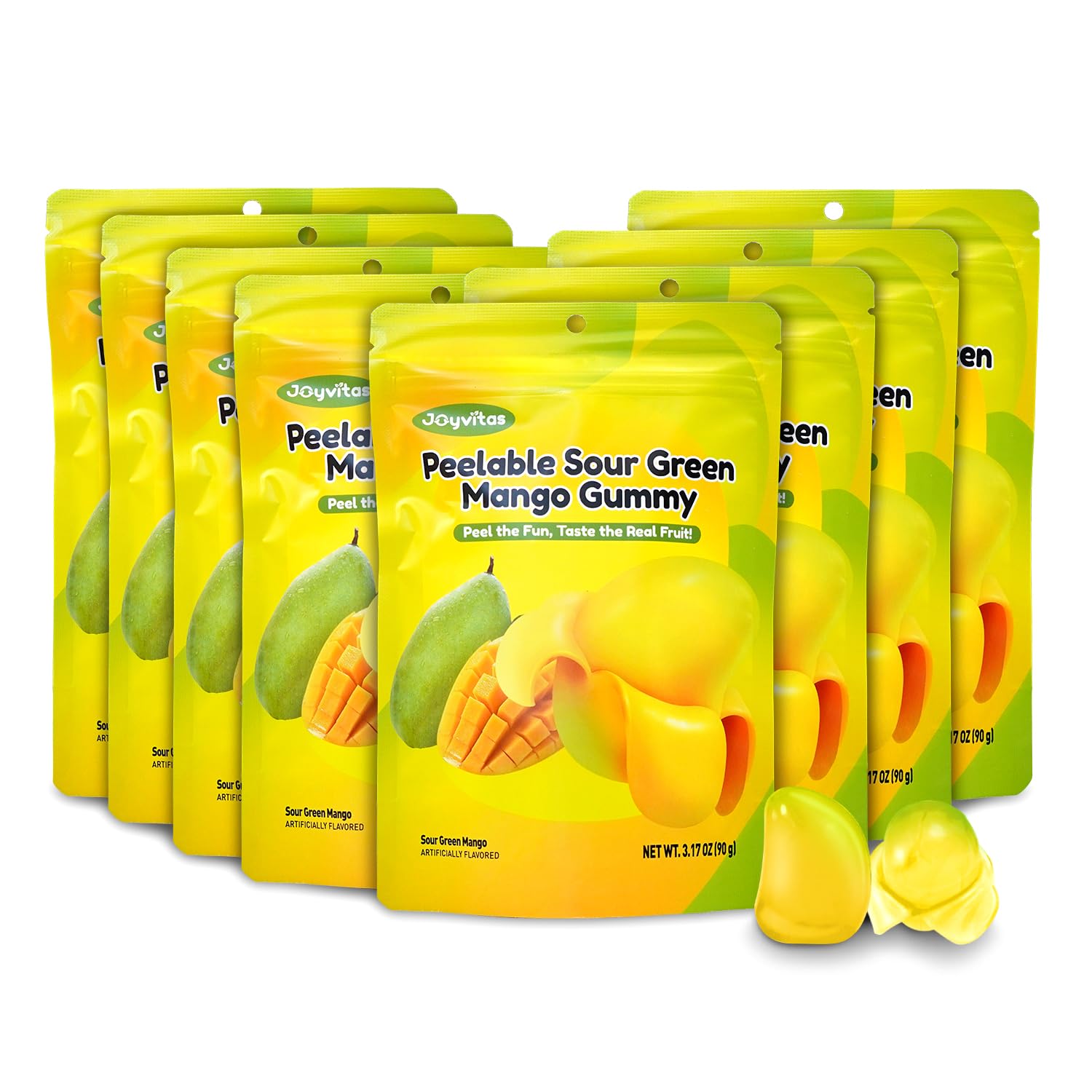 Peelable Gummy Candy Intense Green Mango Fruit Chewy Gummy Snack Low Sugar & Calorie, Healthy Snacks For Kids & Adults – Individual Soft & Chewy Candy Snacks (Pack of 8, 3.17OZ, Green Mango)