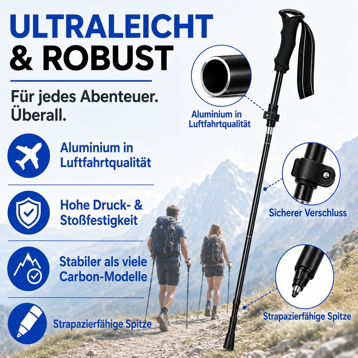 Wanderstöcke Faltbar, Nordic Walking stöcke Damen und Herren, Aluminium Trekkingstöcke Teleskop, Wanderstock Verstellbar 110cm-135cm, mit Gummipuffer und Tragebeutel Geeignet für Bergsteigen
