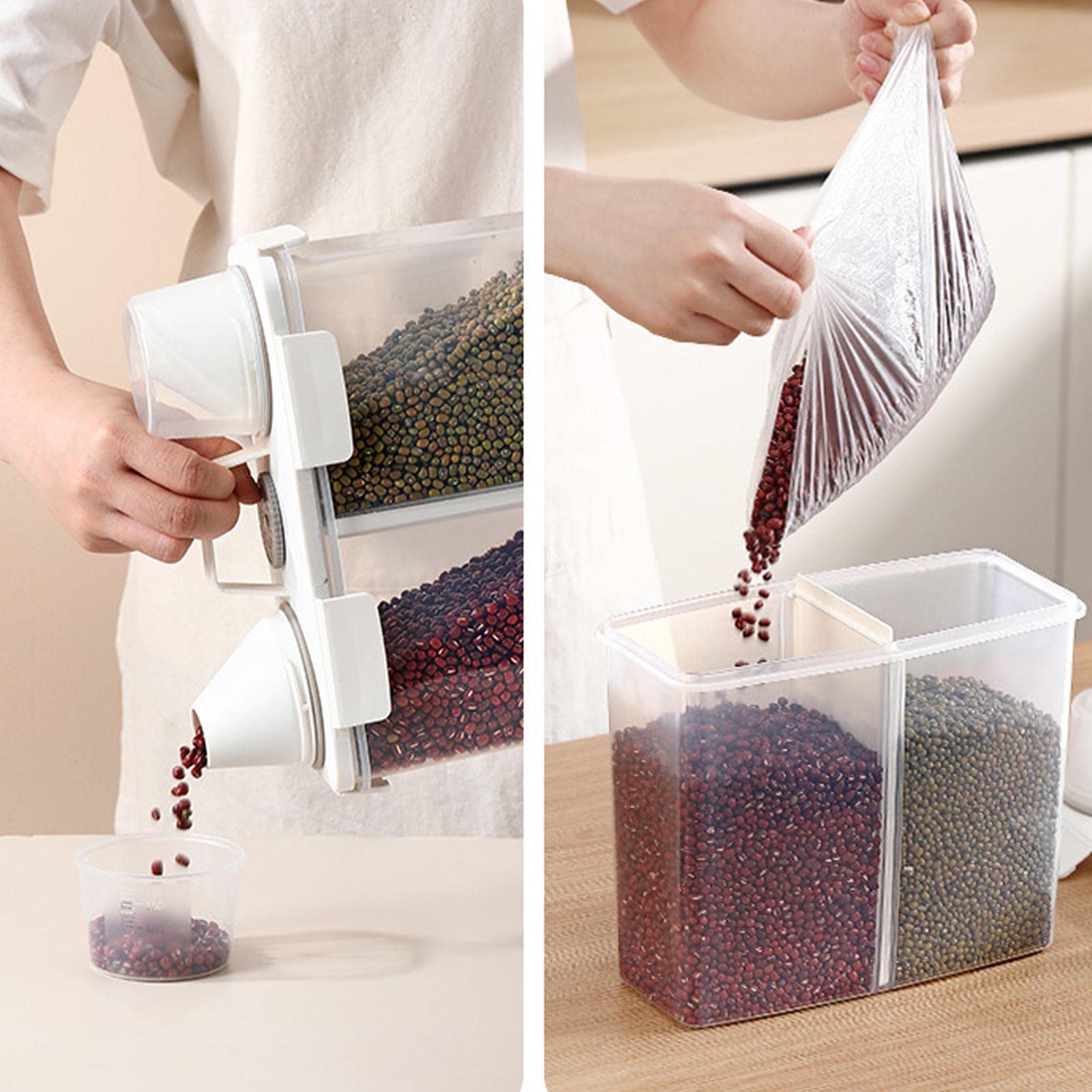 Contenedor de arroz con compartimentos, Barril de arroz transparente, Caja de almacenamiento de granos con compartimentos, Dispensador hermético de alimentos secos de 4L, Diseño de 2 compartimentos,