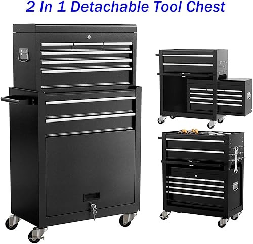 Miniatura 8 de Caja de herramientas con ruedas de 8 cajones con ruedas, caja de herramientas desmontable 2 en 1, gabinete de herramientas con cajones y sistema de