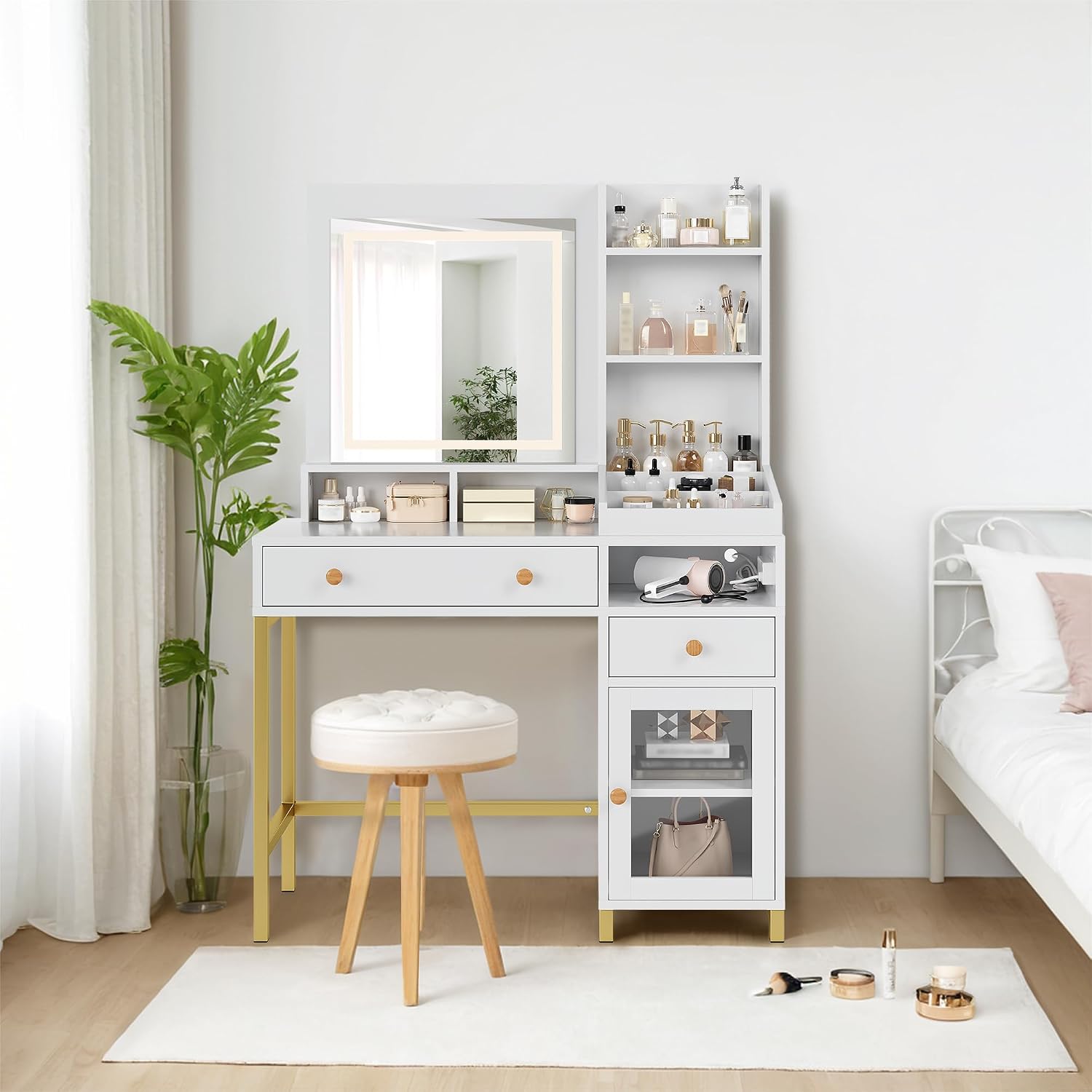 GarveeHome Vanity Desk with Mirror and Lights, Makeup Vanity Dressing Table with 3 Color LED Lighted Mirror and Power Outlet, Vanity Desk with Drawers and Shelves, Makeup Vanity Table for Bedroom