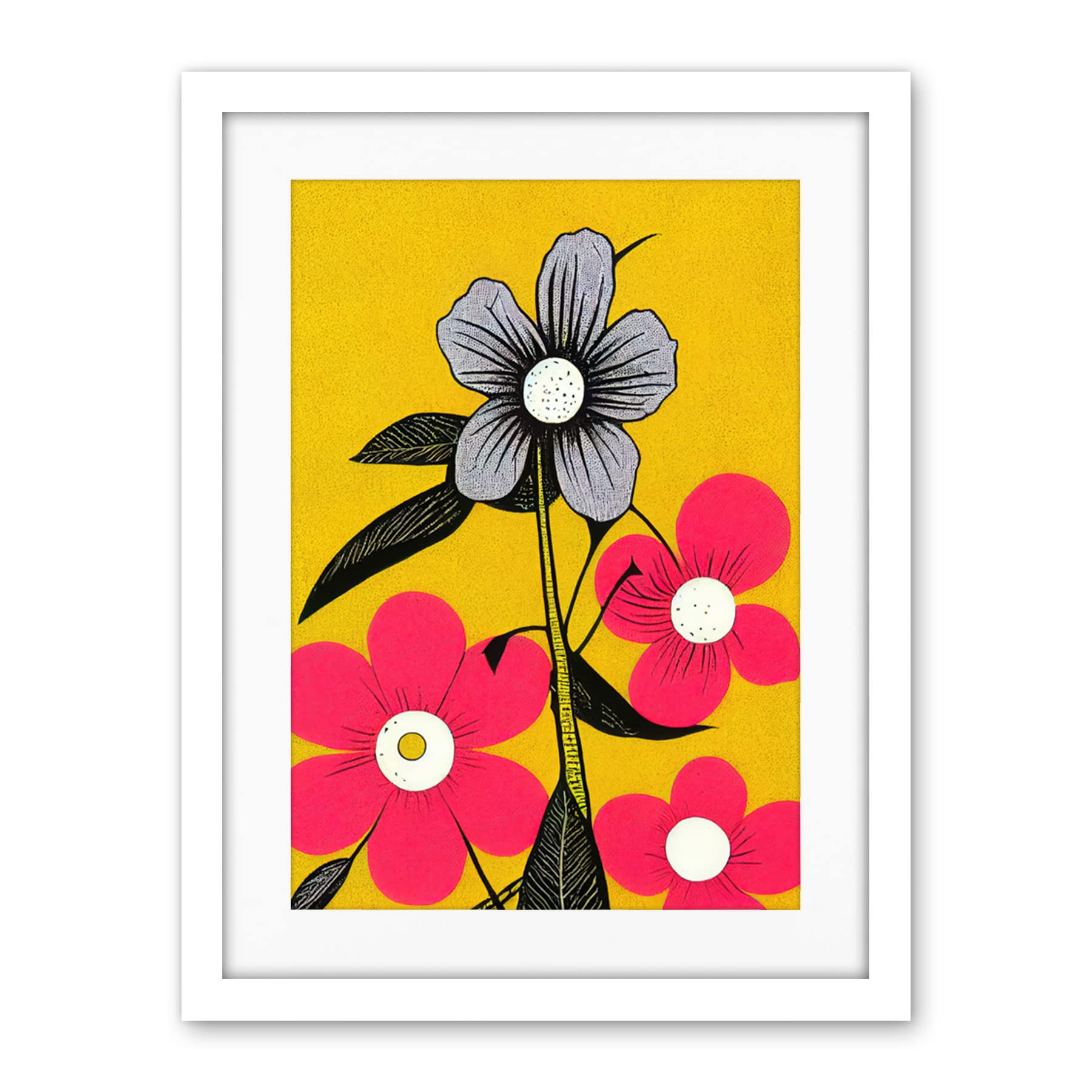 Wee Blue Coo Bold Flowers Linocut Pink And Mustard Yellow Print Artwork Framed Wall Art Print 18X24 Inch