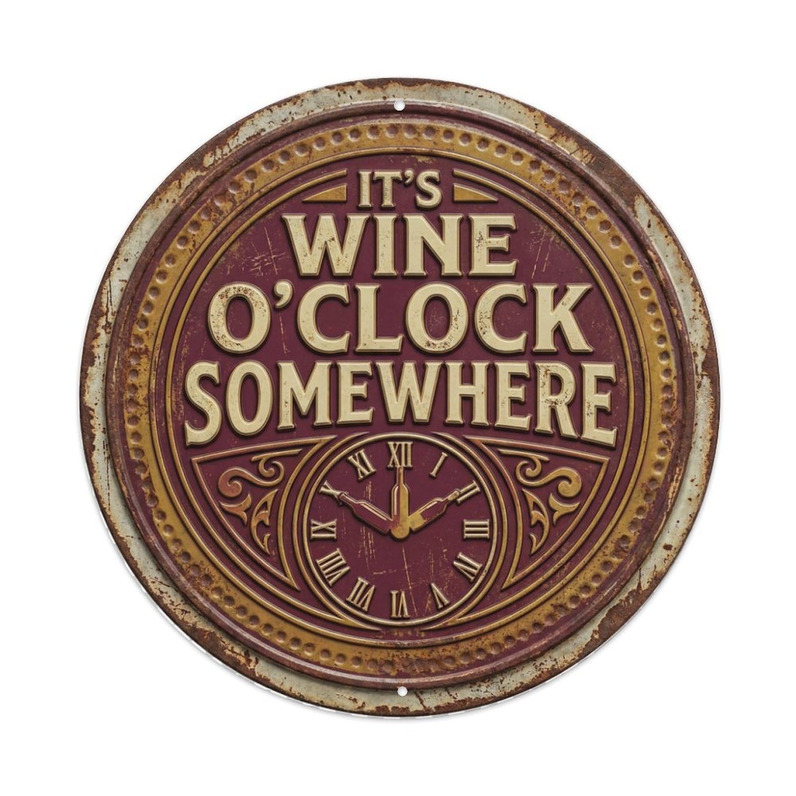 Wine Oclock Somewhere Classic Bedroom Ornament Retro Slogans Vintage Metal Tin Sign Plaque Wall Decor for Cafe, Club, Garden Round Metal Poster 8x8Inch