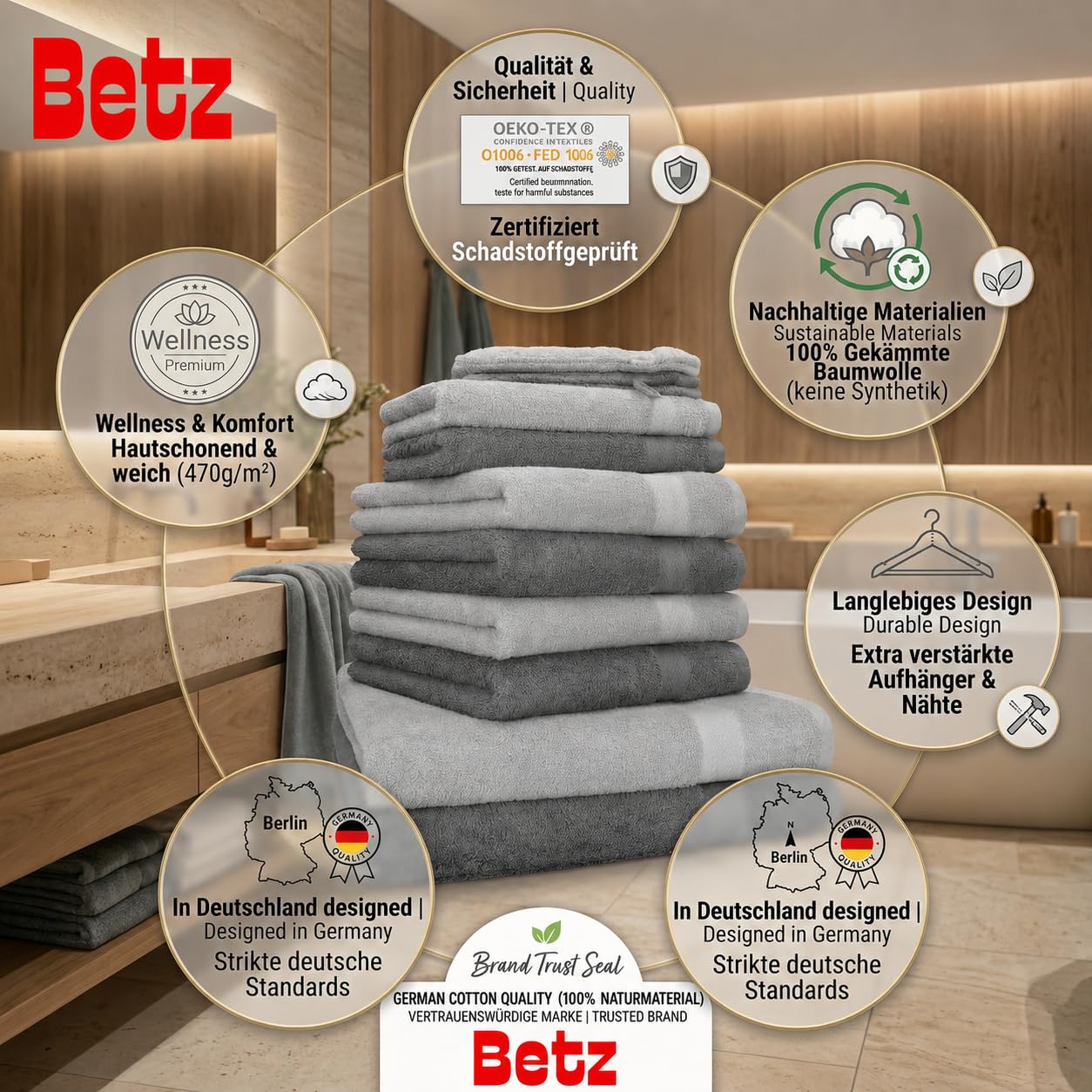 Betz set di 10 asciugamani Premium 100% cotone 2 teli doccia 4 asciugamani 2 asciugamani per ospiti 2 guanti da bagno colore antracide e grigio argento
