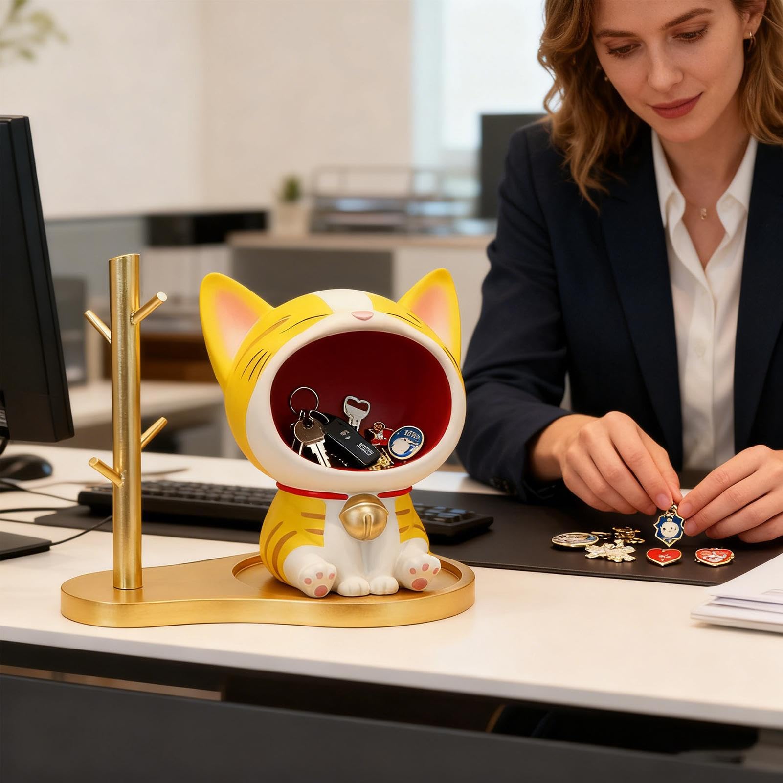 Bandeja Para Llaves De Entrada Figura De Gato De Pie Estatuilla Escultura | Bol Decorativo de Entrada Sala Dormitorio Gabinete Caramelos