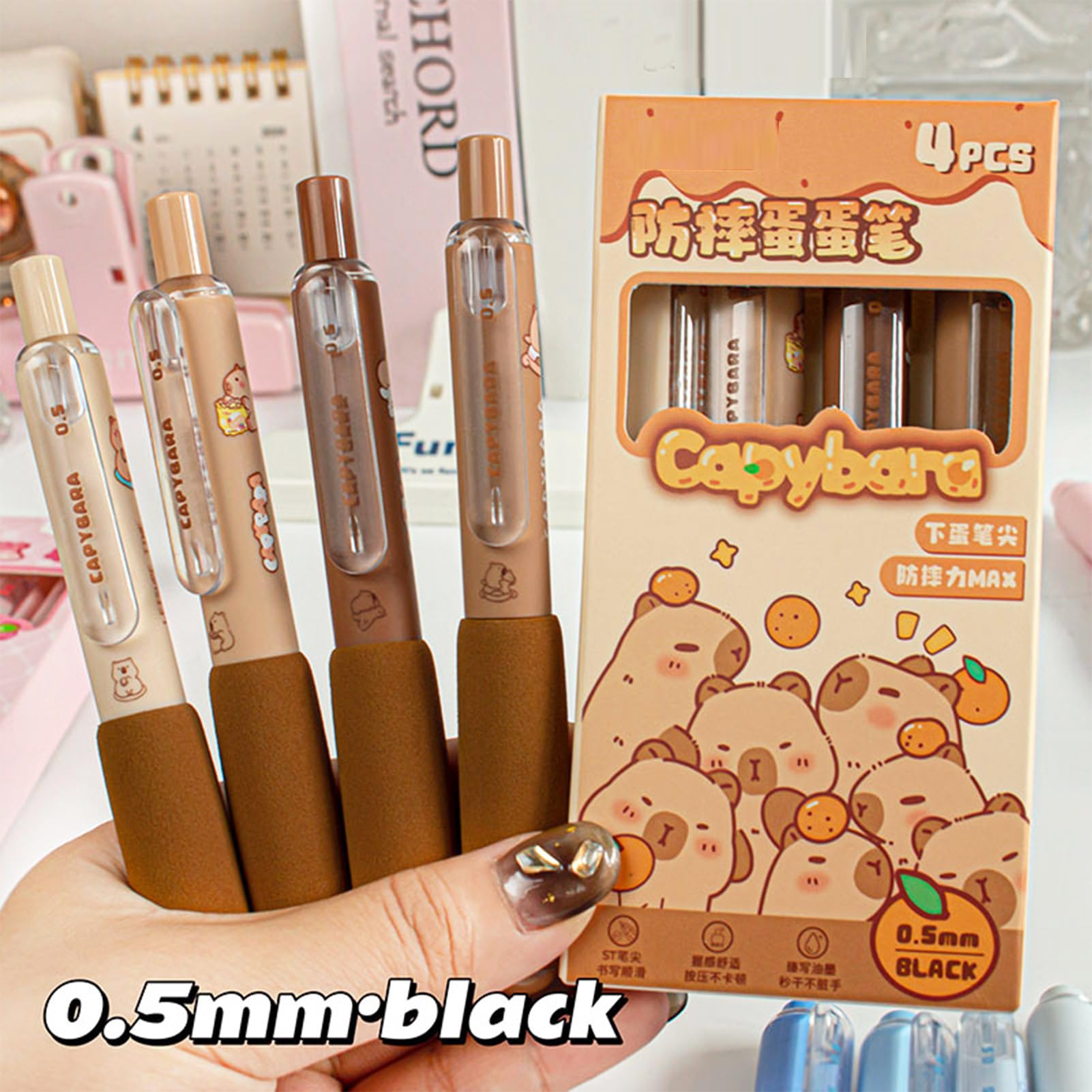 4 Pcs Cute Retractable Pens Small Pocket Pens Cartoon Capybara Gel Pen Black Ink Pen 0 5mm Fine — view 3