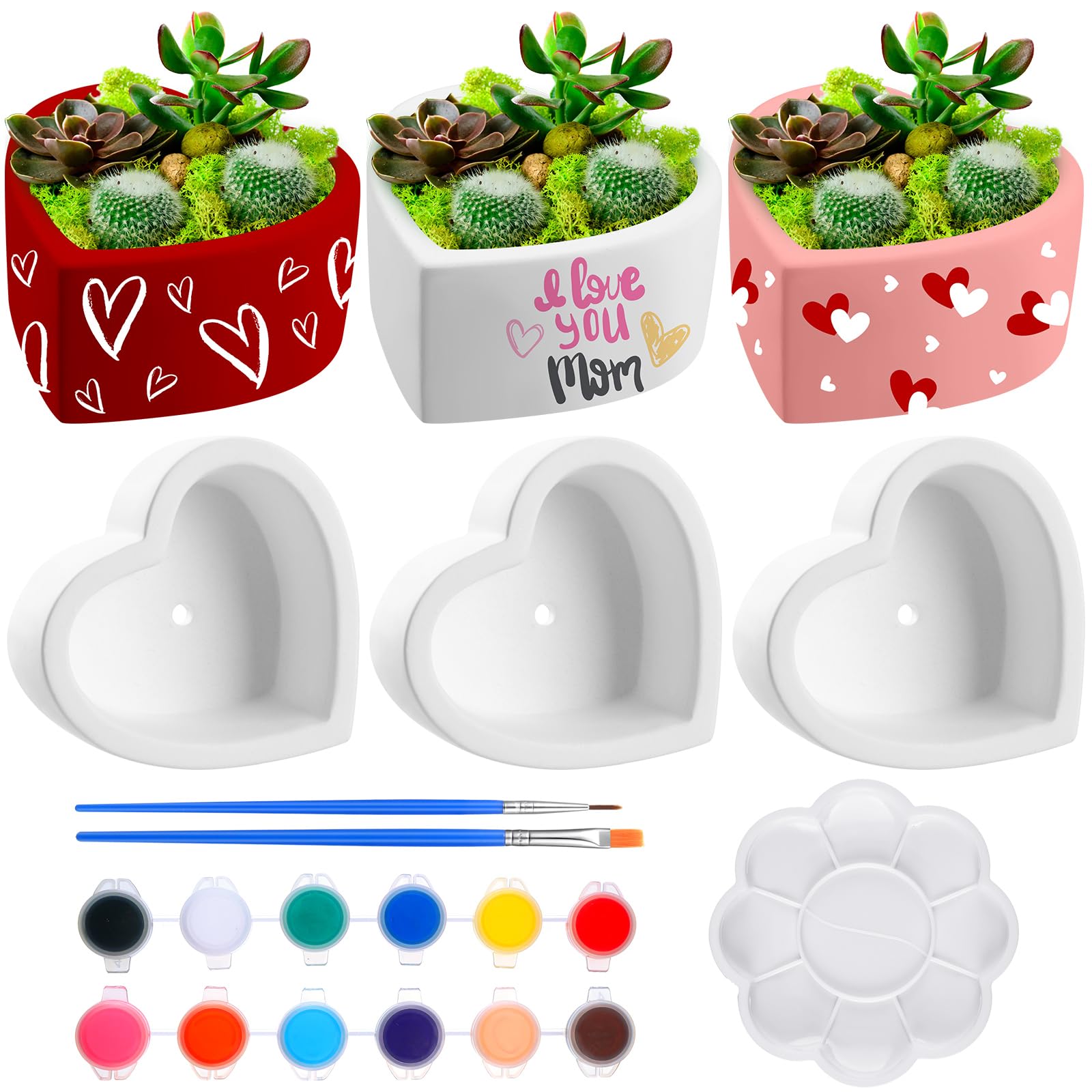 Beeveer 6 Sets Valentine's Day Paint Your Own Succulent Planters Heart Shaped Ceramic Mini Unpainted Flower Pots DIY Paintable Succulent Plant Pots for Kids Classroom DIY Craft Project Activity