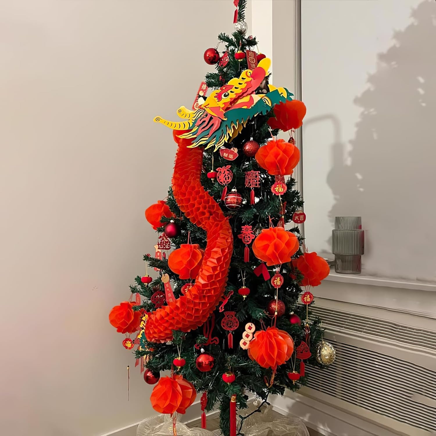 2Peces - Carta cinese 3D per Capodanno Dragon Garland con decorazioni rosse per la festa delle lanterne di primavera cinese e la festa di nozze