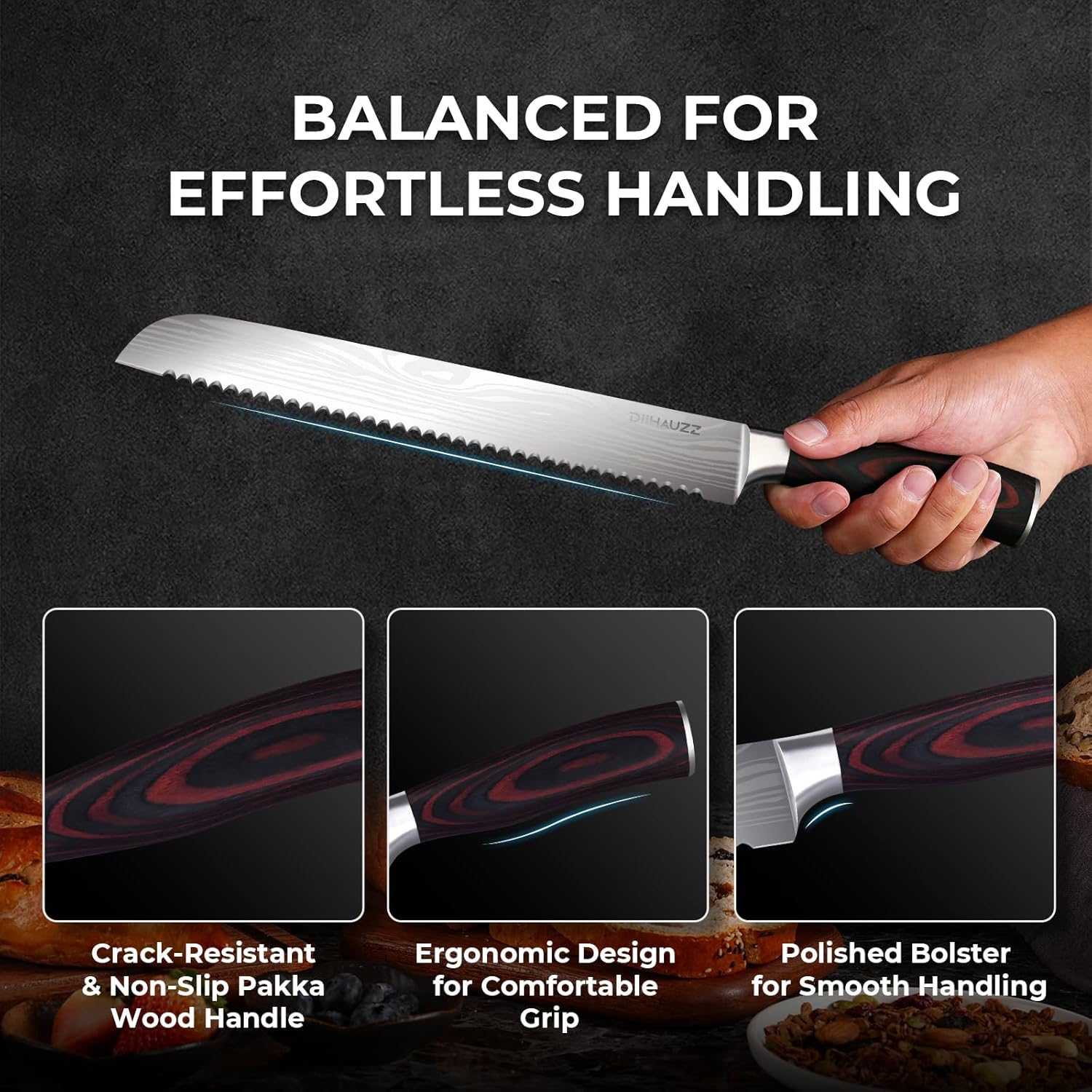 10 Inch Bread Knife, Serrated Knife for Homemade Bread, Razor Sharp High Carbon Stainless Steel Sourdough Cutter, Professional Bakery Kitchen Knives with Ergonomic Handle for Bagel, Cake - Image 4