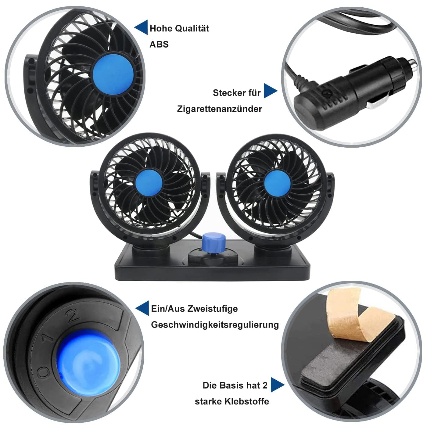 Auto Ventilator, 12V Doppelkopf Ventilator Auto 360 Grad drehbar mit 2 Geschwindigkeiten Doppellüfter Geeignet für 12Volt Autos, LKWs, SUV