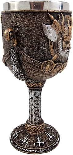 Miniatura 2 de Atlantic Coleccionables Mitología nórdica Viking Odin Warlord Dragon Longship - Cáliz de copa de vino de resina de 8 onzas con forro de acero