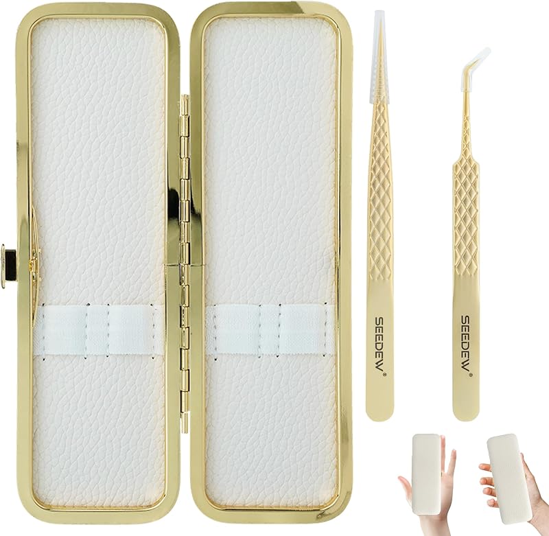 Conjunto de pinças para extensão de cílios Seedew G01+G05 com estojo, branco e dourado