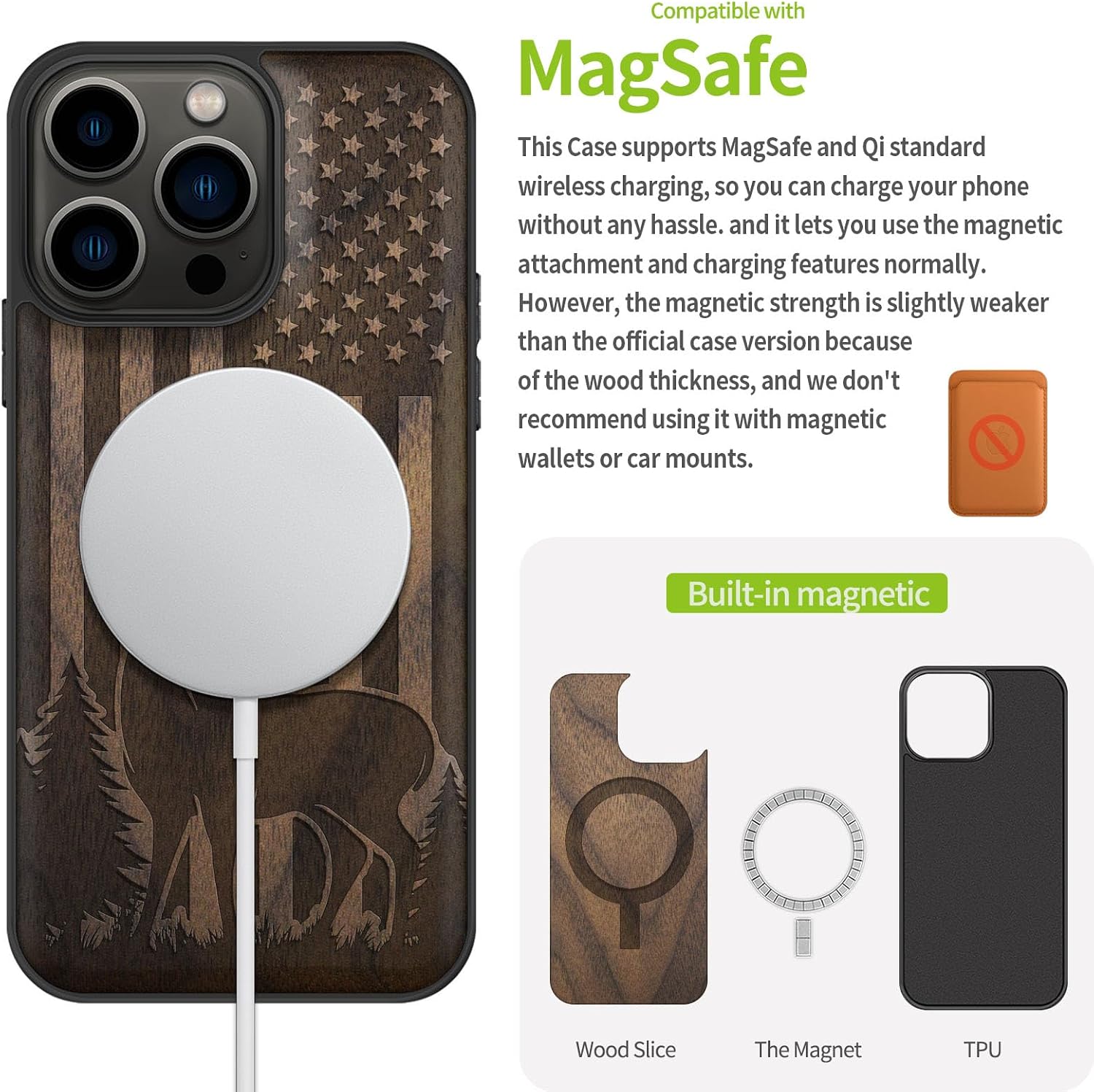 Carveit Magnetic Wood Case for iPhone 13 Pro Case [Hard Real Wood & Soft TPU] Unique & Classy Wooden Shockproof Hybrid Protective Cover Compatible with MagSafe (Patriotic Deer Silhouette -Walnut)