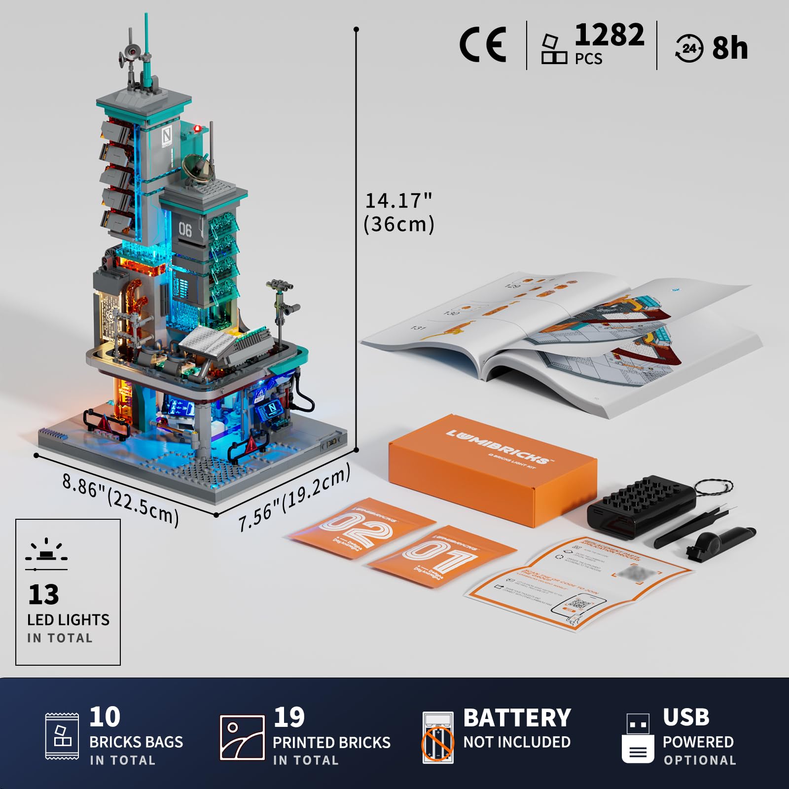 Lumibricks Neon Tech Station Beleuchtetes Klemmbaustein-Set, 1282 Teile Cyberpunk Hochhaus mit LED-Licht, Modulare Datenstation mit Herausnehmbaren Modulen & Stromverbundsystem