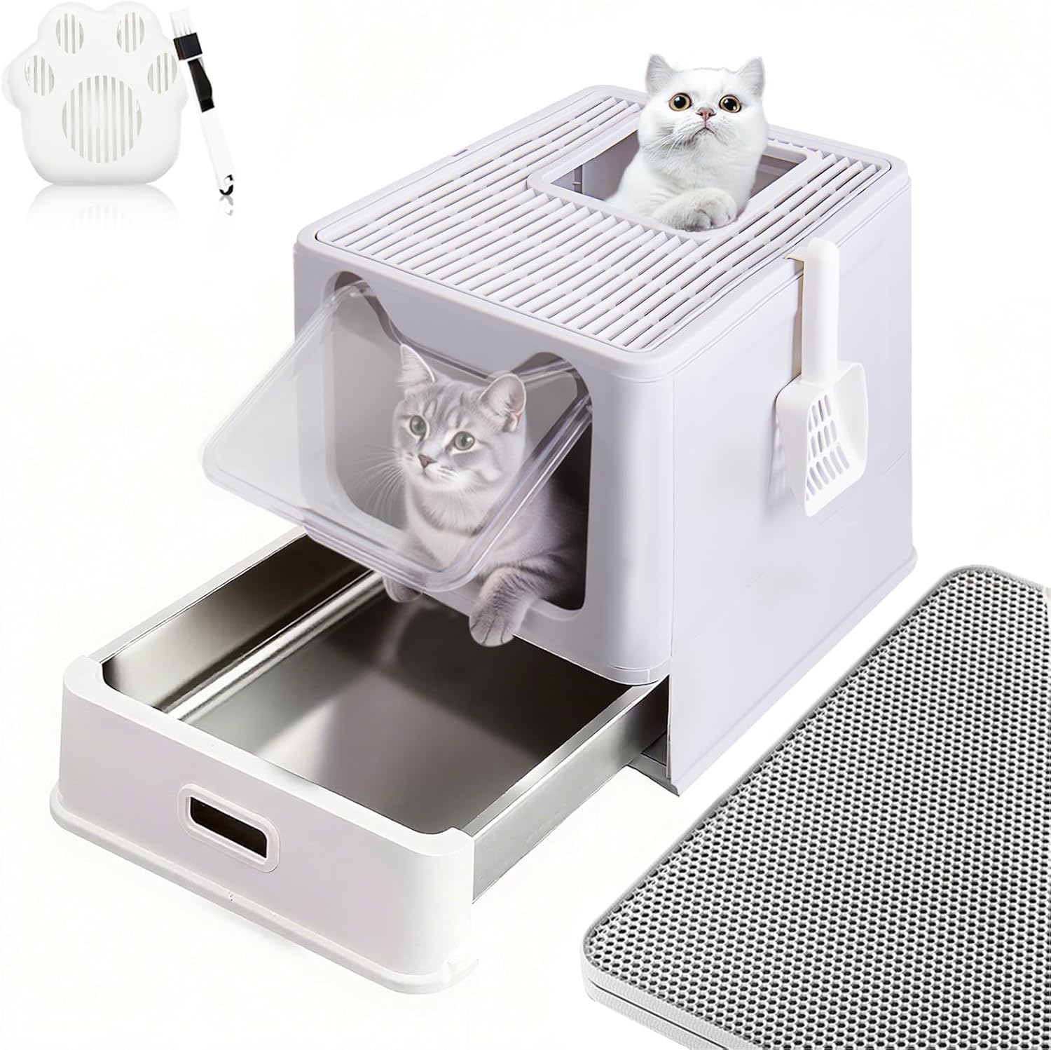 Stainless Steel Litter Box with Lid and Pull-Out Drawers, XL Metal Litter Box Top Entry for Big Cats, Leak-Proof Baffles for Easier Cleaning, with Litter Mat & Scoop Gray XX-Large