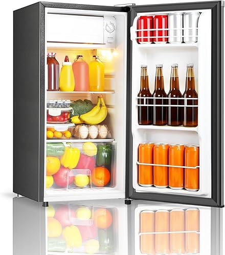 Miniatura 8 de Mini refrigerador con congelador, puerta única de 3.1 pies cúbicos, mini refrigerador compacto, luz LED, termostato ajustable, estantes de vidrio