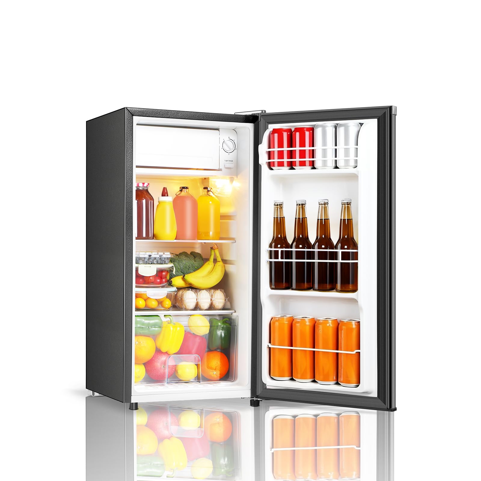 Seaoola Mini Fridge with Freezer, Single Door 3.1 Cu.Ft, Compact Mini Refrigerator, LED Light, Adjustable Thermostat, Removable Glass Shelves, Small Refrigerator for Dorm/Office/Bedroom(Sliver)