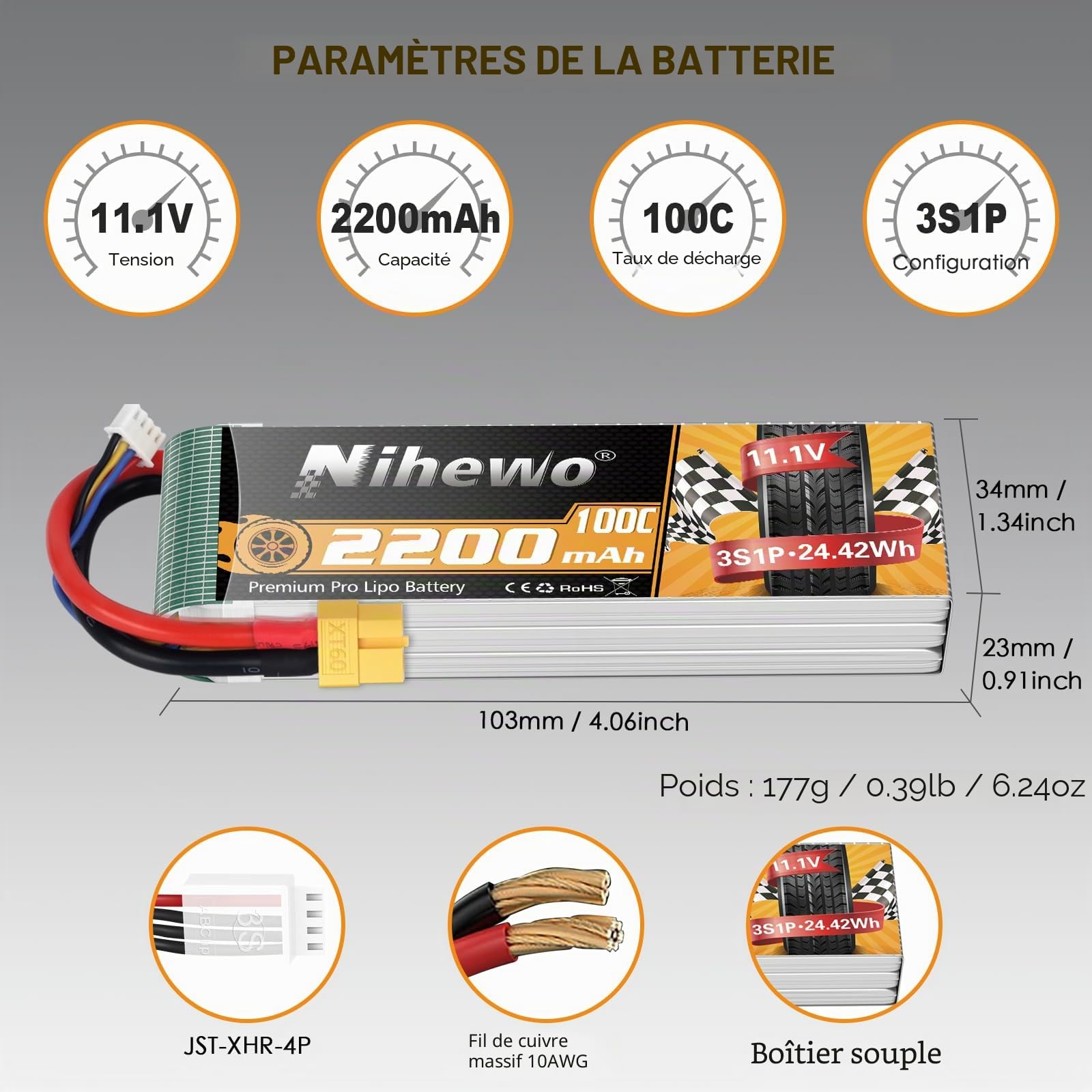 Batterie Lipo 3S 11,1V 2200mAh 100C Prise XT60 pour Drone FPV 2pcs