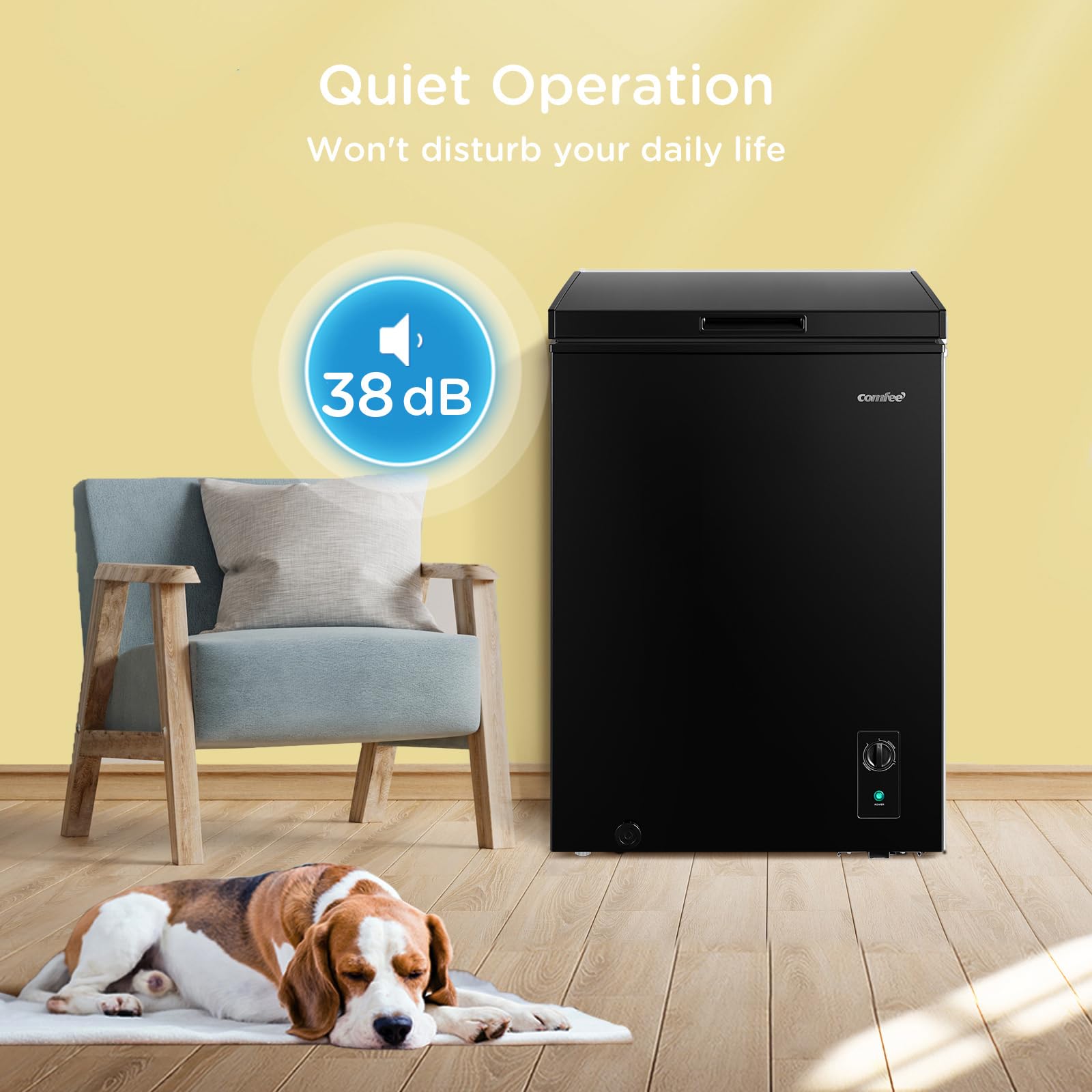 COMFEE' RCC102BL2UK(E) 99L Freestanding Chest Freezer, Refrigeration and Freezer Conversion, Inverter Compressor, 4 Star Freezer Rating, Quiet 38dB, Suitable for Outbuildings & Garages, Black — view 6