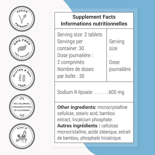 Miniatura 4 de Supersmart - R-lipoato de sodio 600 mg (ácido R-alfa lipoico) por día, apoyo neuroprotector, antioxidante, sin OMG y sin gluten, 60 cápsulas