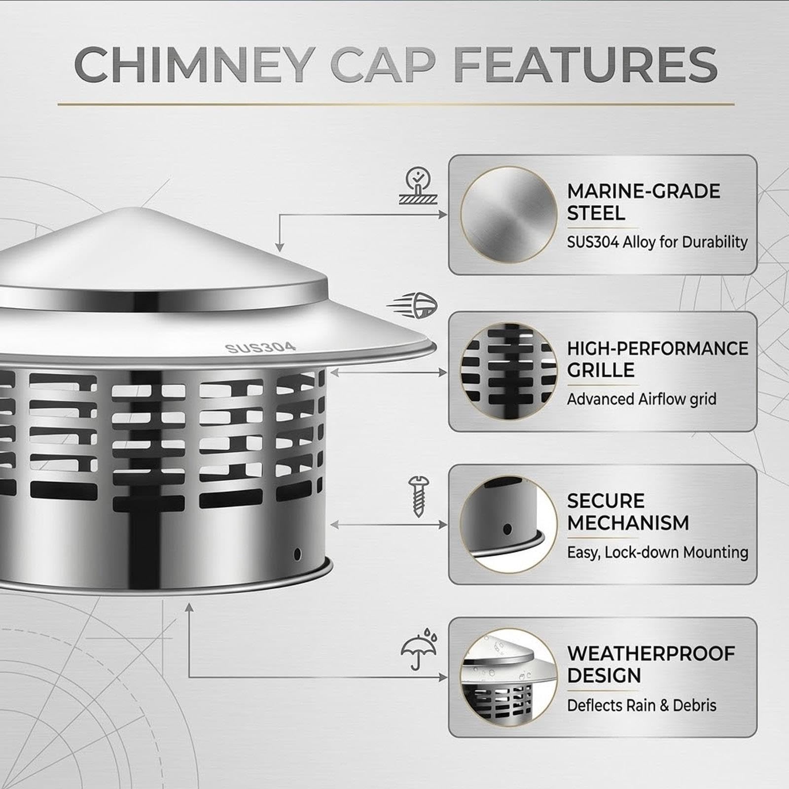 Sombrerete Chimenea de Acero Inoxidable, Tapa Antilluvia y Antiviento 75 100 110 160 200 250 300 400mm Cubierta de Lluvia para Chimenea, Conducto de Escape Campana de Ventilación(250mm/9.84in)