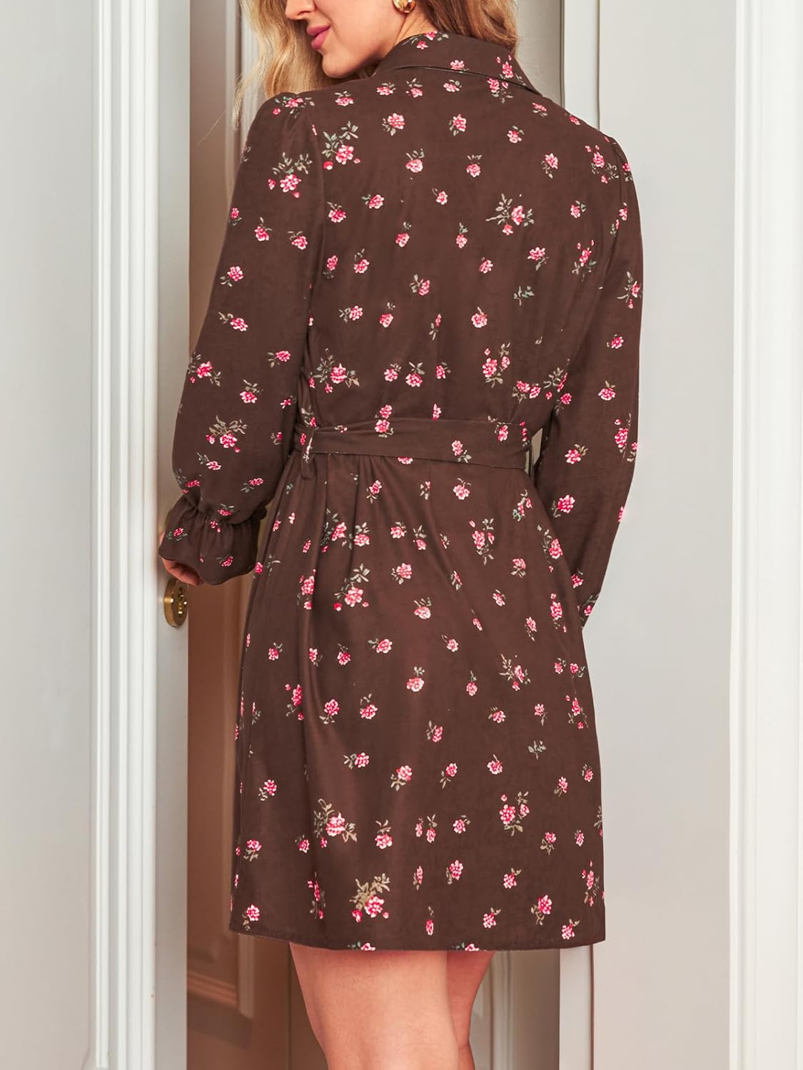 CUPSHE Women's Fall Winter Corduroy Dress Collar Button Down Shirt Dress Floral Long Sleeve Mini Belted Dresses - Image 2