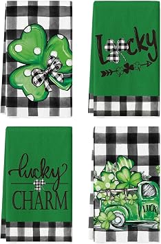 Artoid Mode Buffalo Plaid Shamrocks Lucky Truck St. Patricks Day Kitchen Towels Dish Towels, 18x26 Inch Seasonal Spring Decoration Hand Towels Set of 4