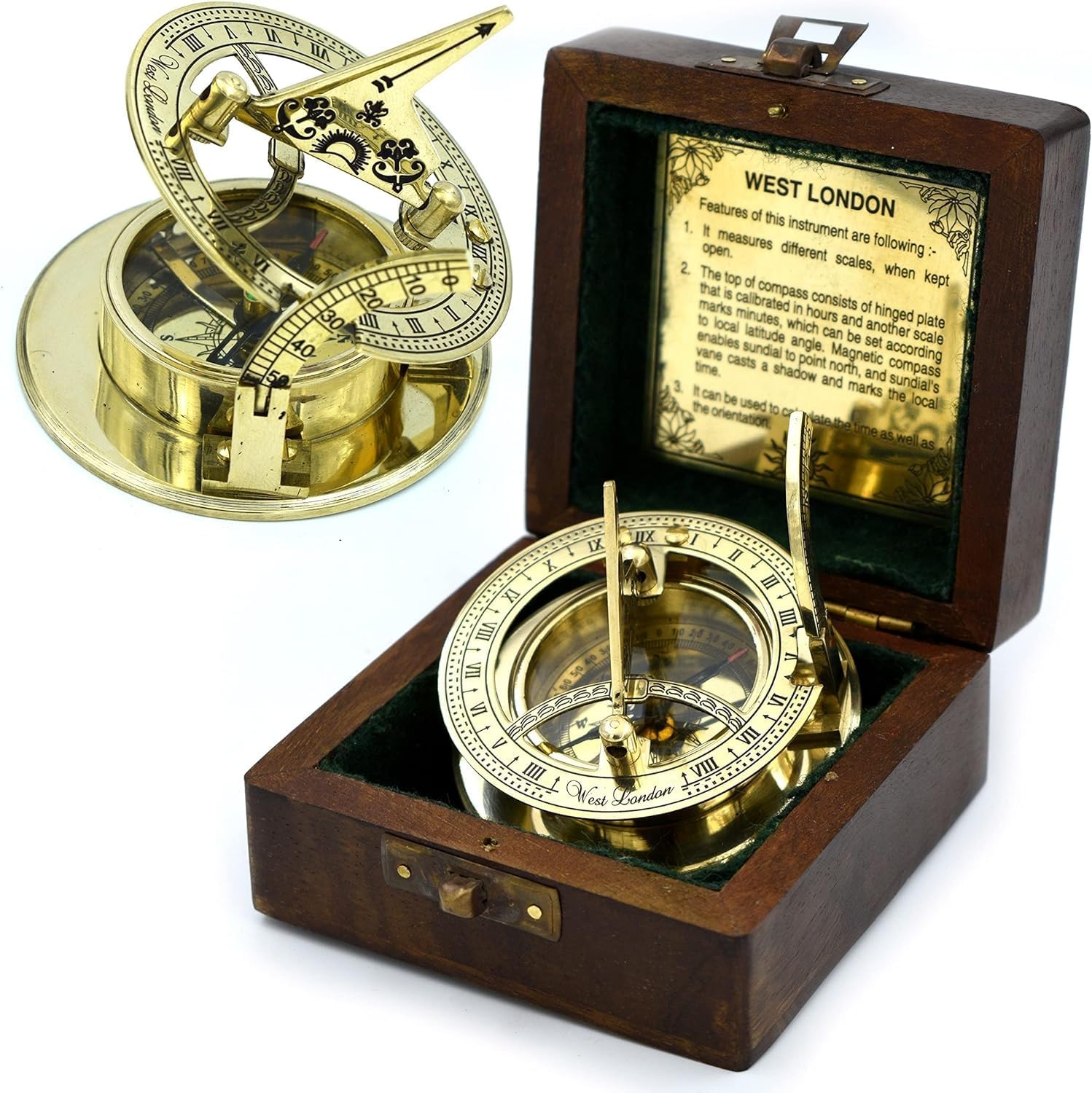 Antique Brass Sundial Compass with Box – Vintage Nautical Sun Clock | Ship Replica Decorative Gift