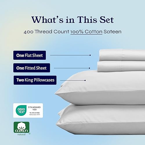 Vista 316 de Juego de sábanas de 400 hilos y 6 piezas, tamaño King, con 4 fundas de almohada, ropa de cama de 100 % algodón con tejido satinado, color azul 12