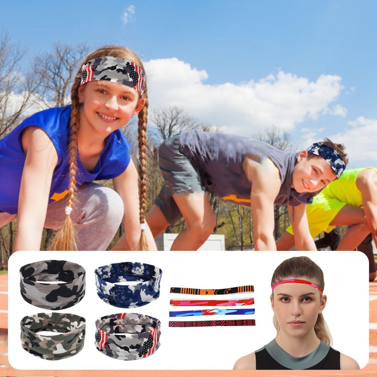 4 Bandeaux De Camouflage Et 4 Bandeaux Fins, Bandeaux De Sport, Bandeaux Élastiques, Bandeaux Doux Absorbant La Transpiration, Équipement De Sport.