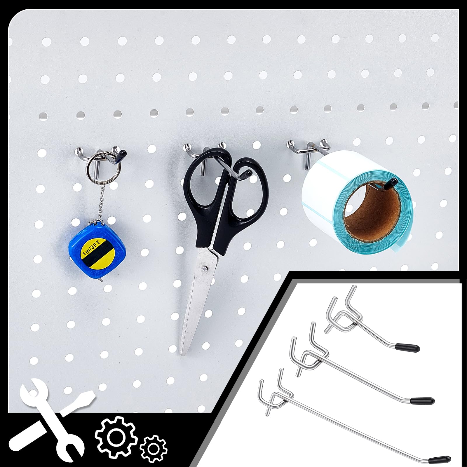 Ganchos para panel perforado (150 unidades, 5/10/15 cm, con protección, panel perforado para herramientas de pared, cartelera para tienda minorista o garaje
