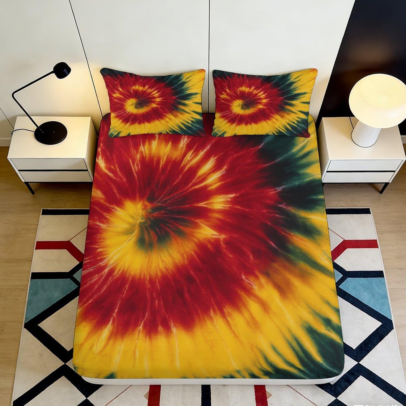 3D Printed Tie Dye Spiral Fitted Sheet Microfiber Soft Breathable Rainbow Swirl Mattress Cover for Bedroom Guest Room Decor 90x200x25cm