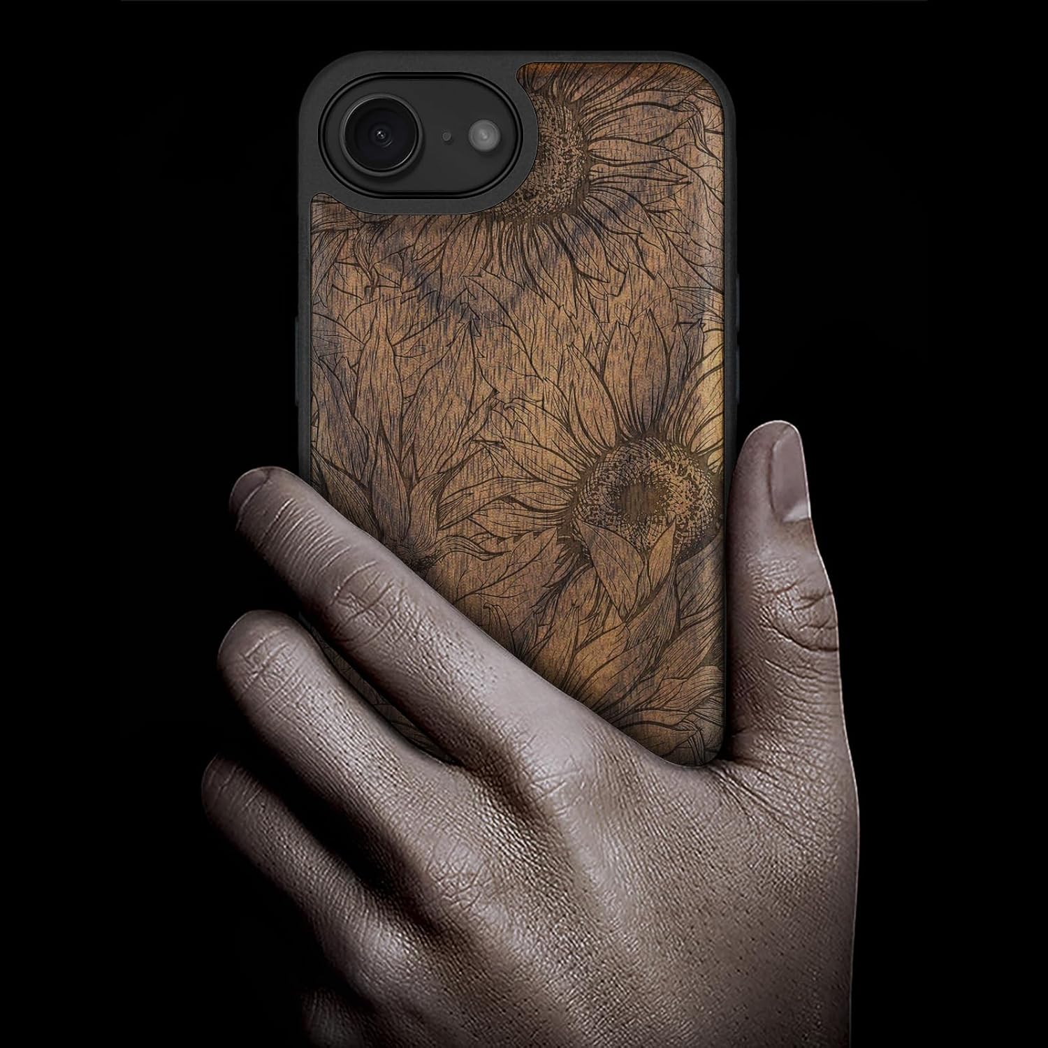 Carveit Magnetic Wooden Case for iPhone 16e / 17e, Solid Wood & Black TPU, Artisan Engraved Design, Shockproof Cover, Compatible with MagSafe Wireless Chargers, The Helianthus Sketch - Walnut