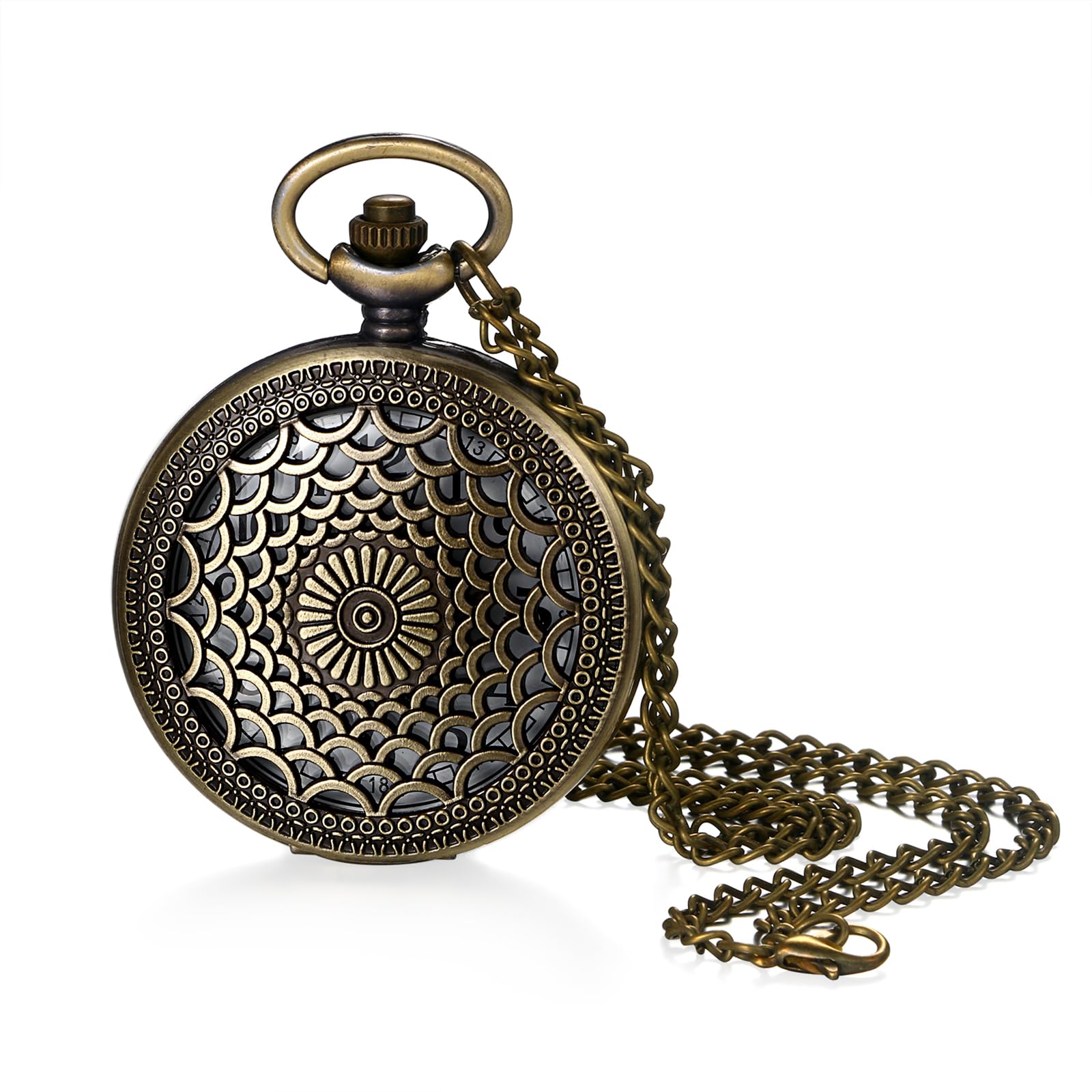 Vintage Tree of Life Hollow Bronze Pocket Watch Quartz Arabic Markers Carved Men and Women Watches with Necklace Chain Pendant