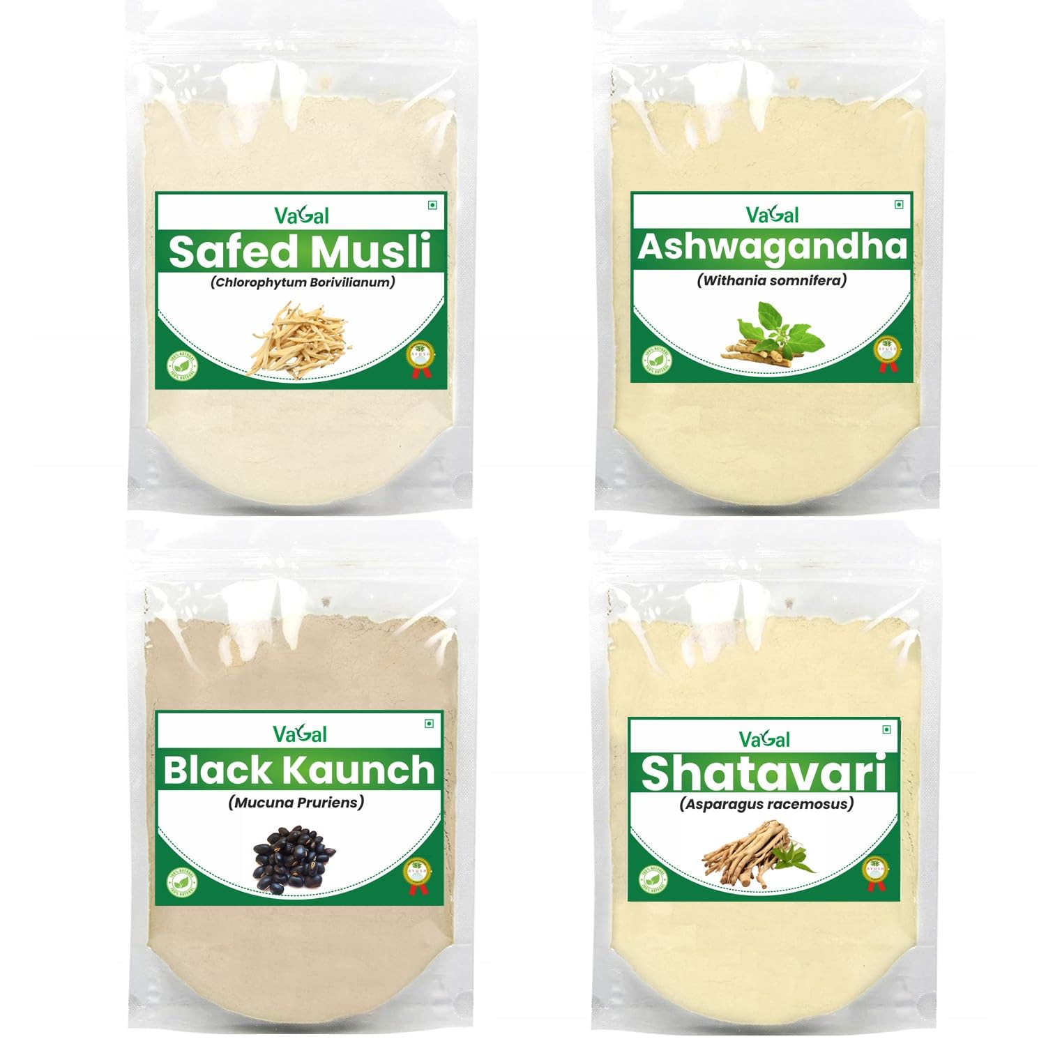Vagal Safed Musli, Ashwagandha, Kaunch, Shatavari Powder Combo (Pack of 100 gram x 4 combo) | Natural & Pure Safed Musli Ashwagandha, auch Beej, Shatavari Powder Combo Set
