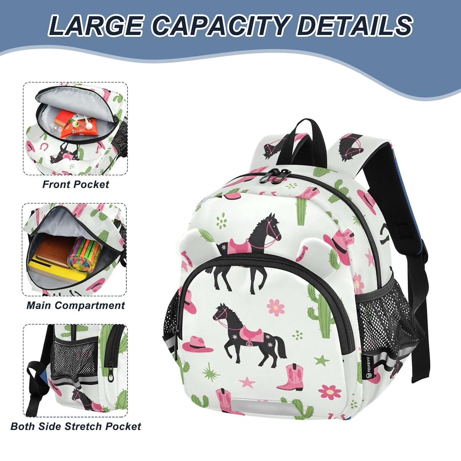 Western Horses Cactus White Pattern Toddler Harness Backpack for Boys Girls 3-6 Years Kids Backpack with Anti Lost Safety Leash Baby Travel Bag for Walking Travel Preschool