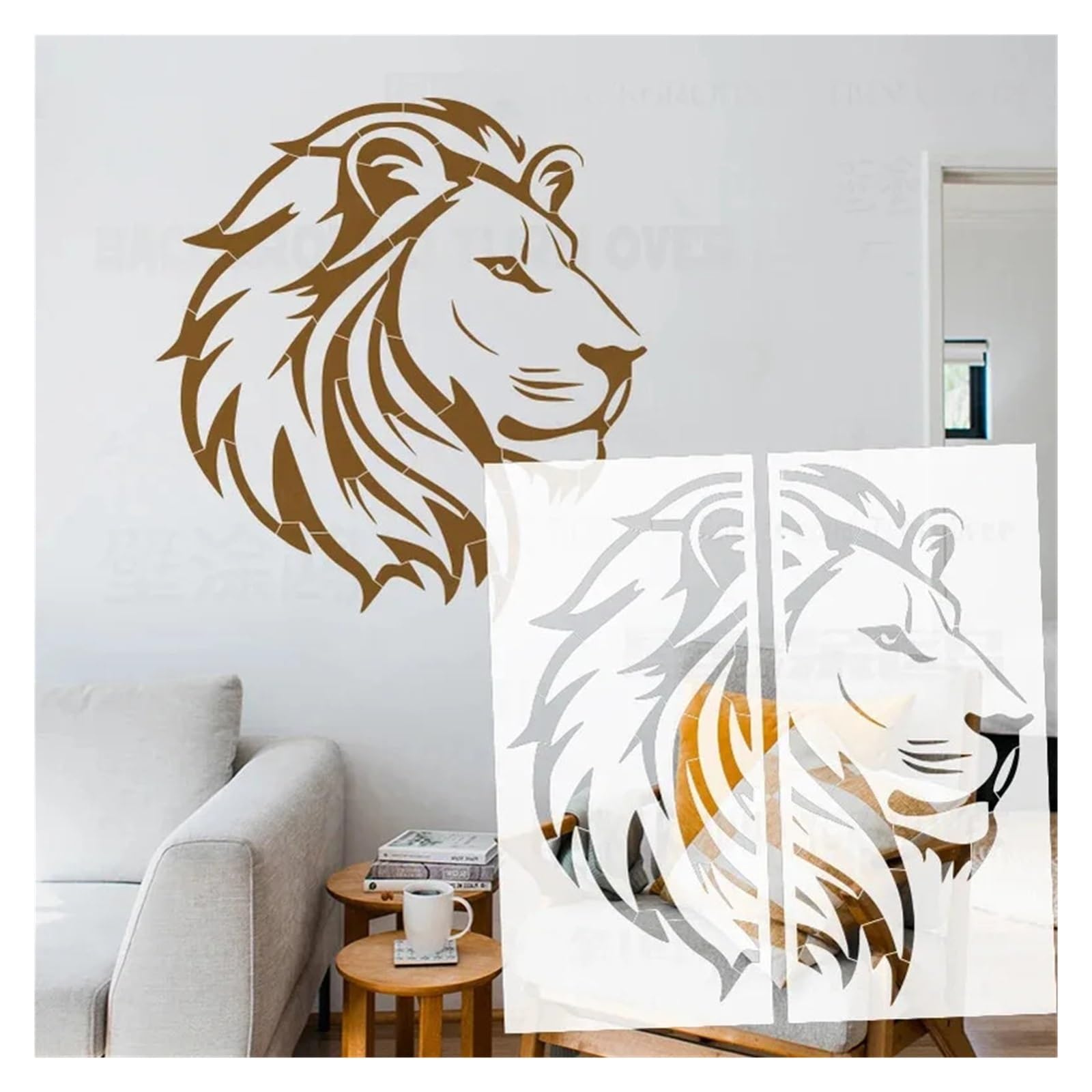 Wandschablone Löwenkopf-Schablone for Malen, 43 cm – 85 cm, Wand, Gips, Dekor, wiederverwendbar, DIY-Vorlage, Möbel(L 60cmX64cm - B)