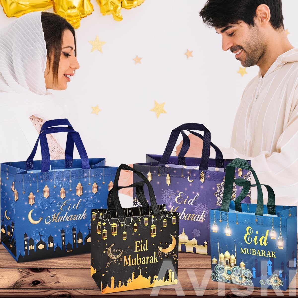 Aviski Lot De 4 Sacs Cadeaux Réutilisables Eid Mubarak