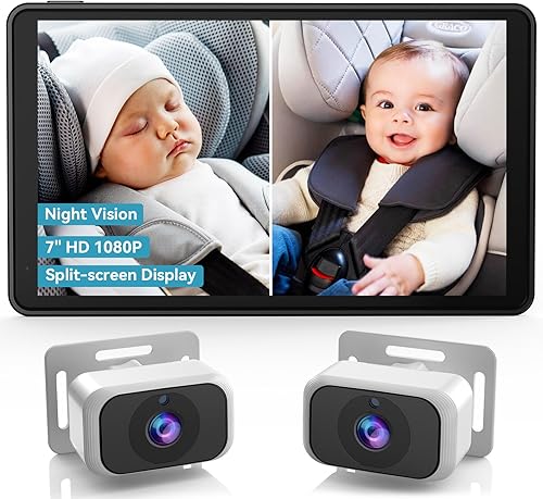 Cámara de coche de bebé para 2 niños pantalla IPS de 7 pulgadas con cámaras duales para asiento de automóvil, pantalla dividida, visión nocturna, HD