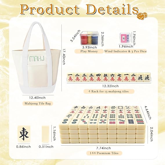 Chinese Mahjong Tiles Set,30mm 144 Mahjong Game with Portable Storage Bags, 4 Racks, Scoring, Plastic Coins Dices for Adults & Enthusiasts