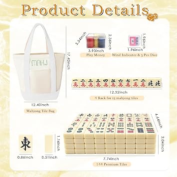 Chinese Mahjong Tiles Set,30mm 144 Mahjong Game with Portable Storage Bags, 4 Racks, Scoring, Plastic Coins Dices for Adults & Enthusiasts